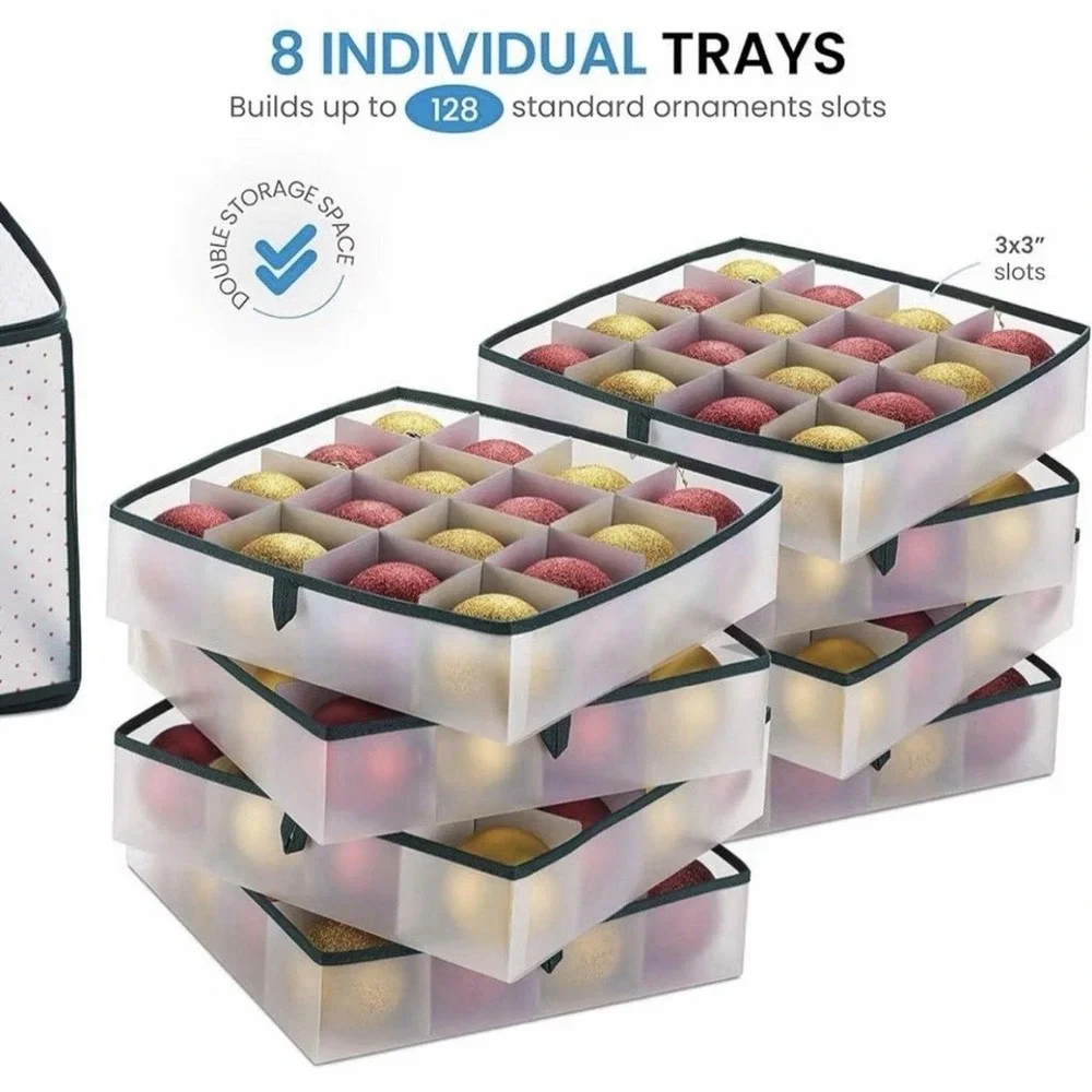 Zober Ornament Storage Box 8 Trays 128 Slots Zippered Translucent 25x13x13 New